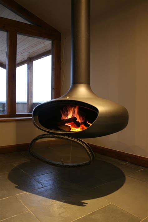 indoor hanging wood burning fireplace.